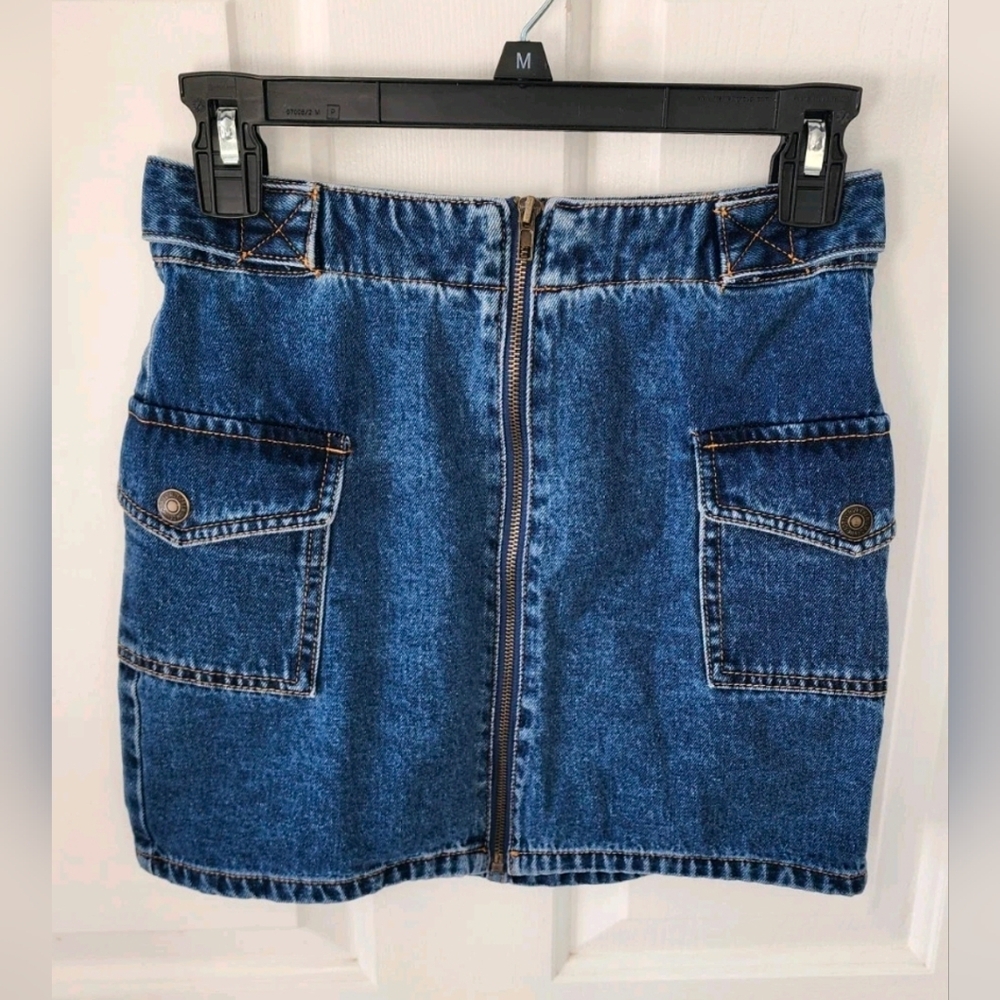 Denim Mini Skirt Cargo Pockets Full Zip Up Medium Wash Size S
